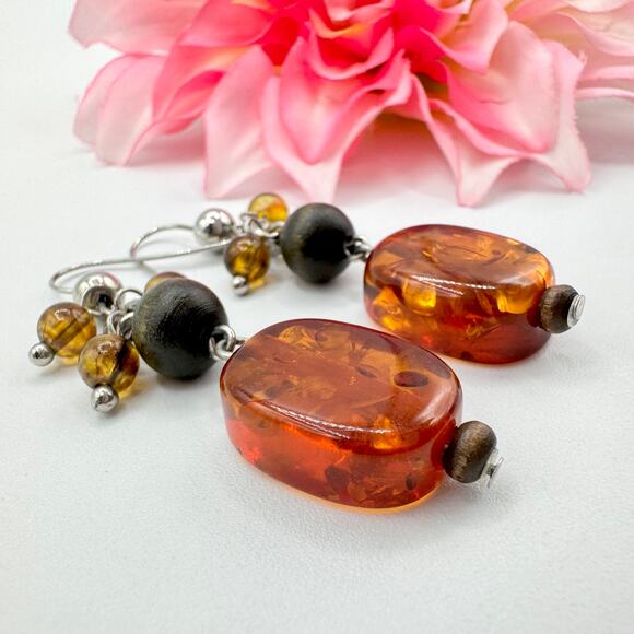 Amber Cha Cha Dangle Earrings UV Tested Glows Green Natural Bohemian Earthcore - Picture 3 of 10